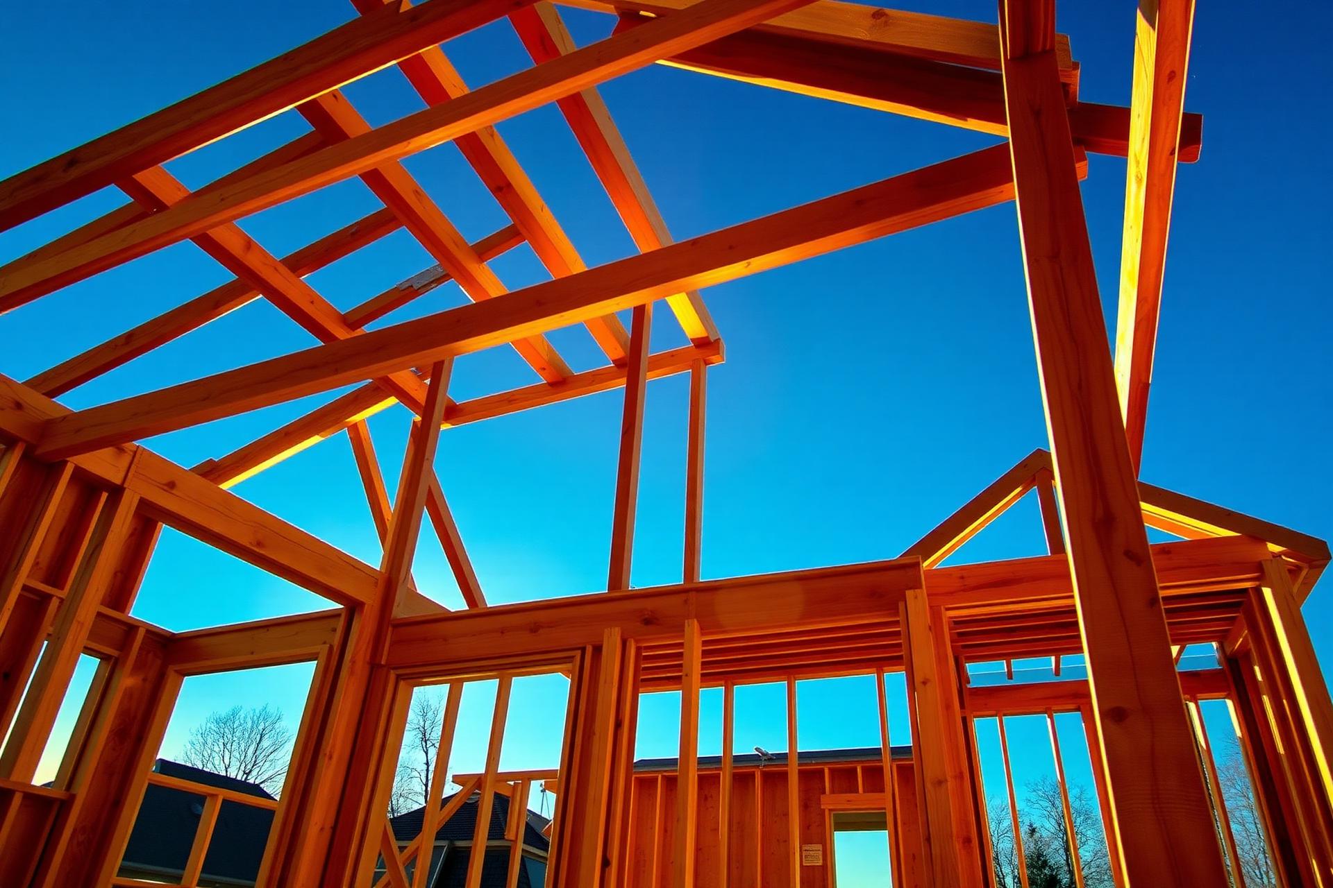 Wood-frame house under construction at golden hour in Minnesota