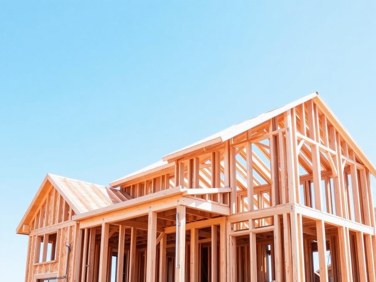Framed two-story custom home with peaked roof structure