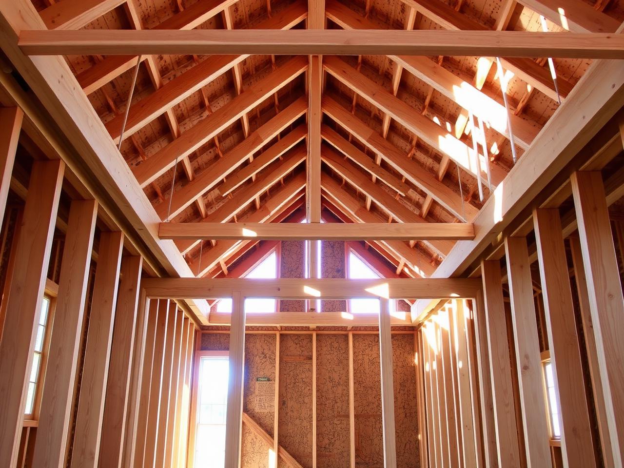 Interior view of framed cathedral ceiling
